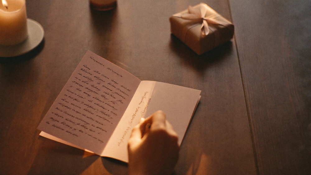 Writing a heartfelt message in a birthday card at a warm-lit table