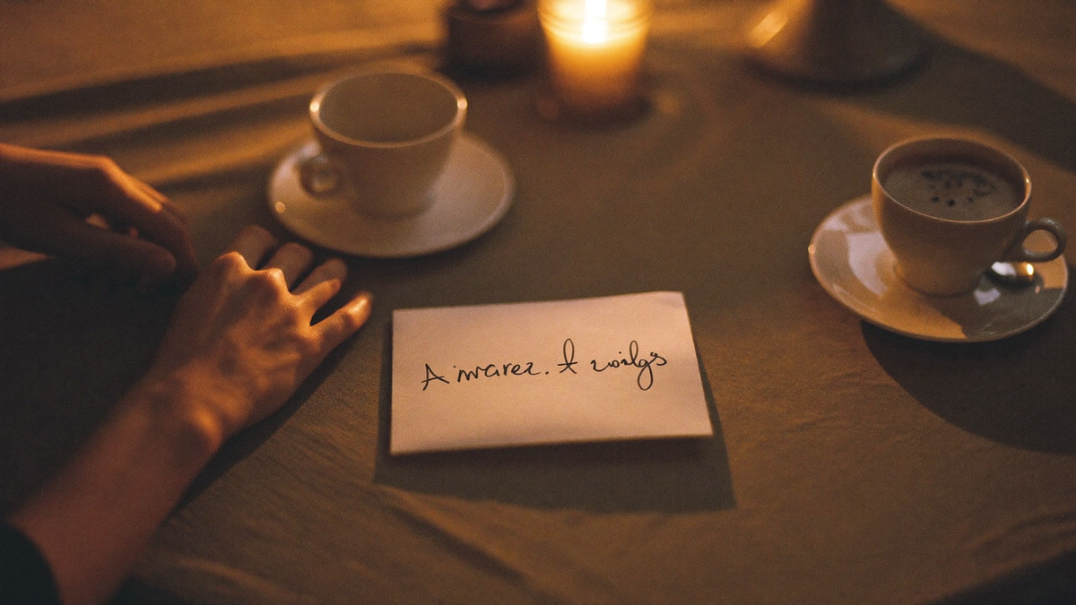 A candlelit table for two with a handwritten note