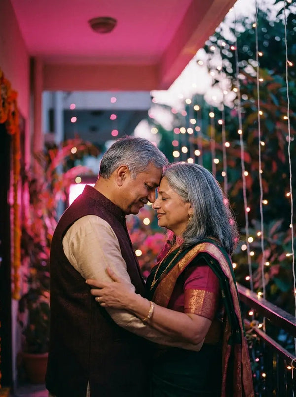 An older couple in festive clothes resting their foreheads together on a lit balcony