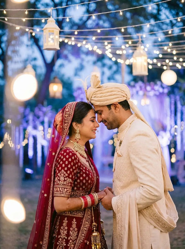 A bride in a red lehenga and a groom in a cream sherwani under string lights