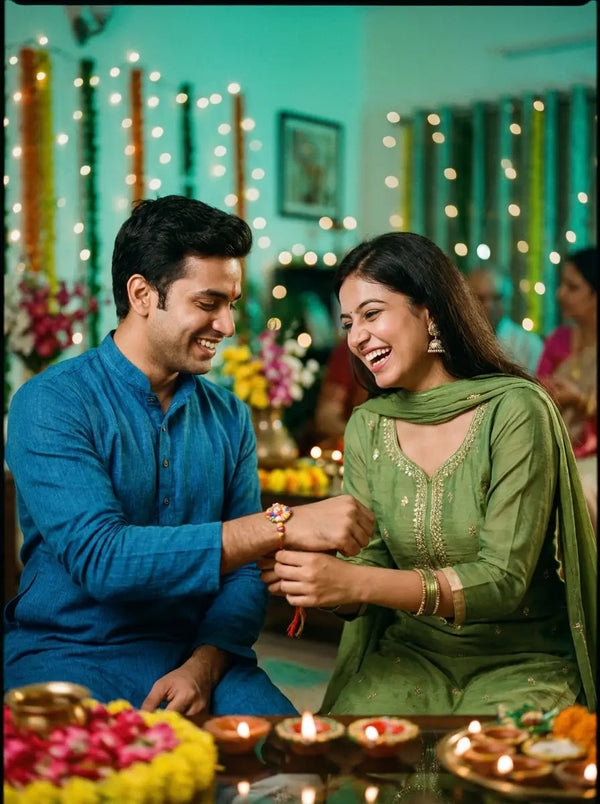 A sister tying a rakhi on her brother’s wrist, both laughing