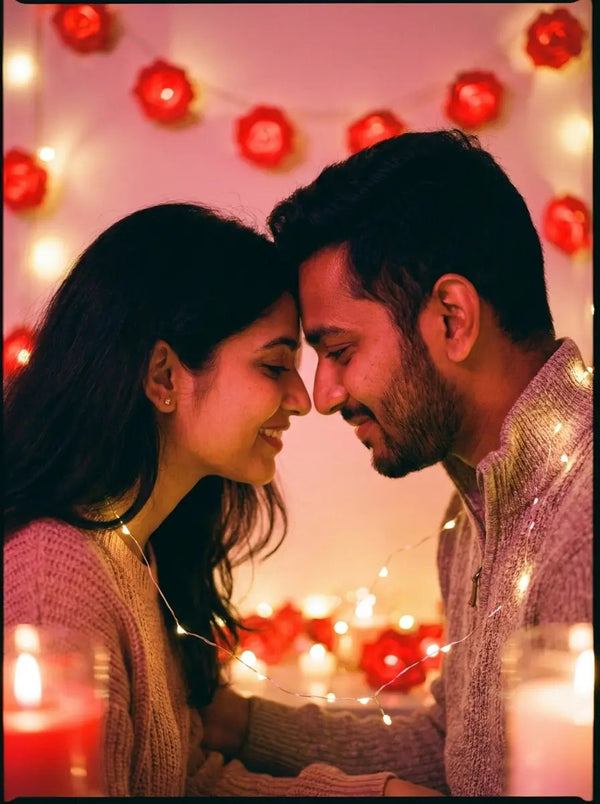 A young couple touching foreheads under warm fairy lights and red paper roses