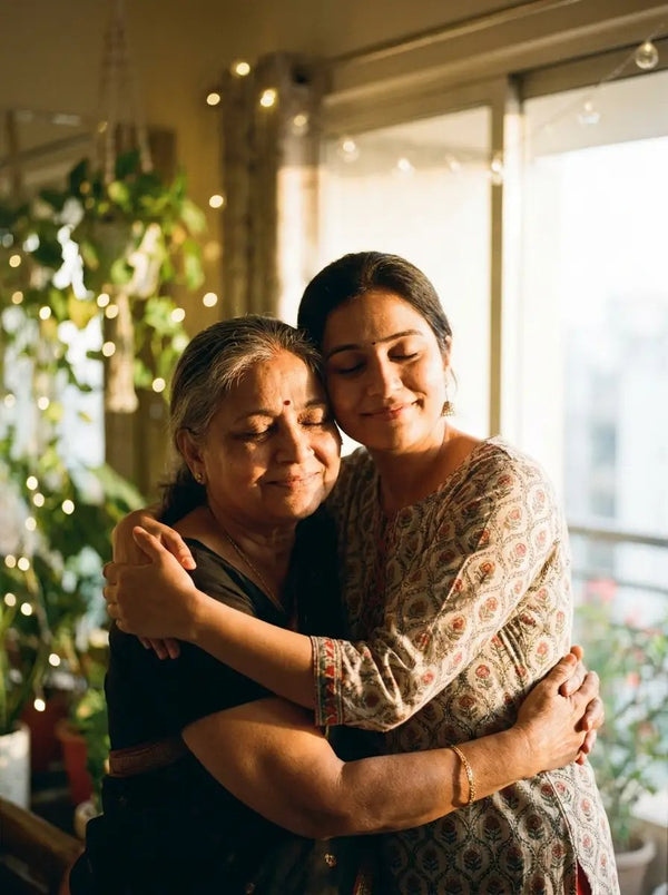 A daughter hugging her mother in a sunlit room