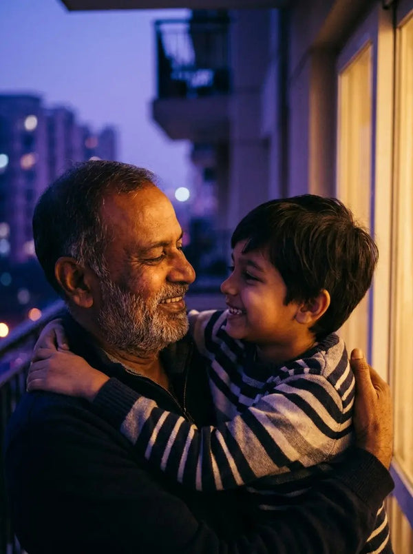 A grandfather smiling at a laughing boy on a balcony at dusk